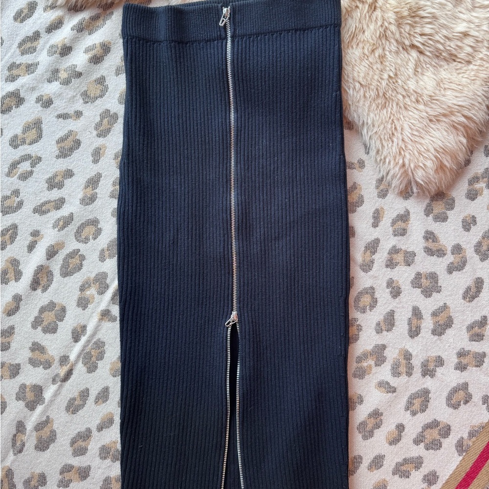 Alexander Wang Black Ribbed Midi Skirt with Center Zip
